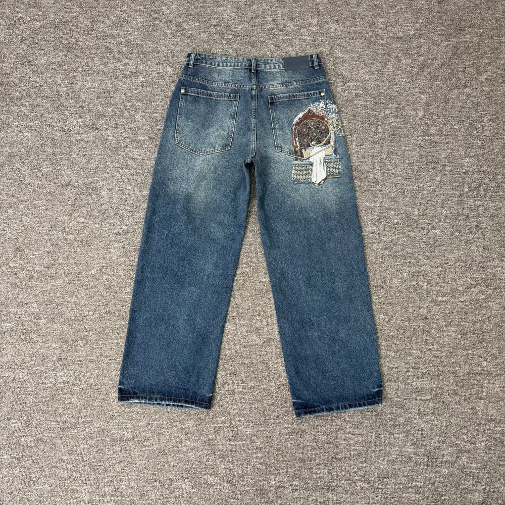 Derschutze Vintage Wash Gothic Window Embroidery Jeans - Blue