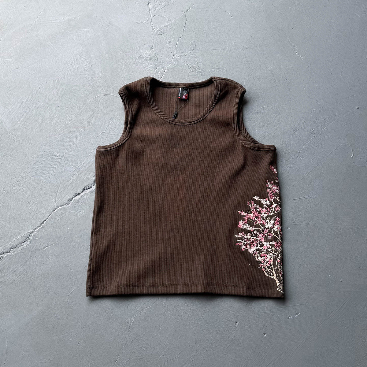 Derschutze Ribbed Side Floral Embroidery Tank Top - Brown