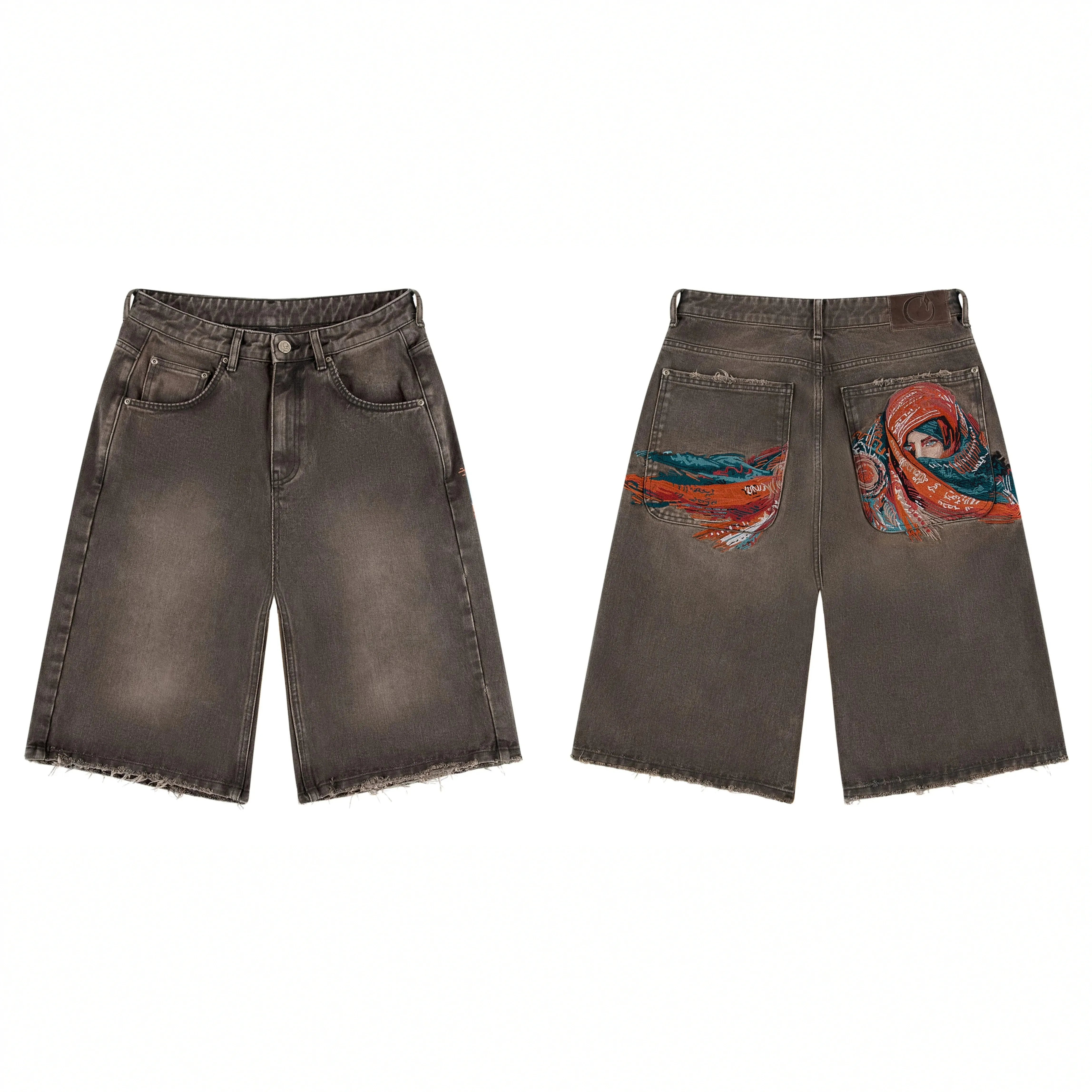 Derschutze Vintage Oil Painting Embroidery Denim Shorts - Brown/Grey
