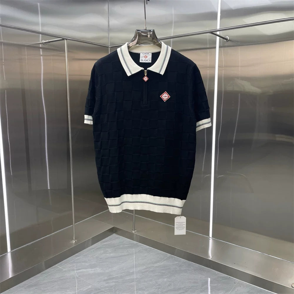 Casablanca Solid Knit Polo Shirt - Navy / White