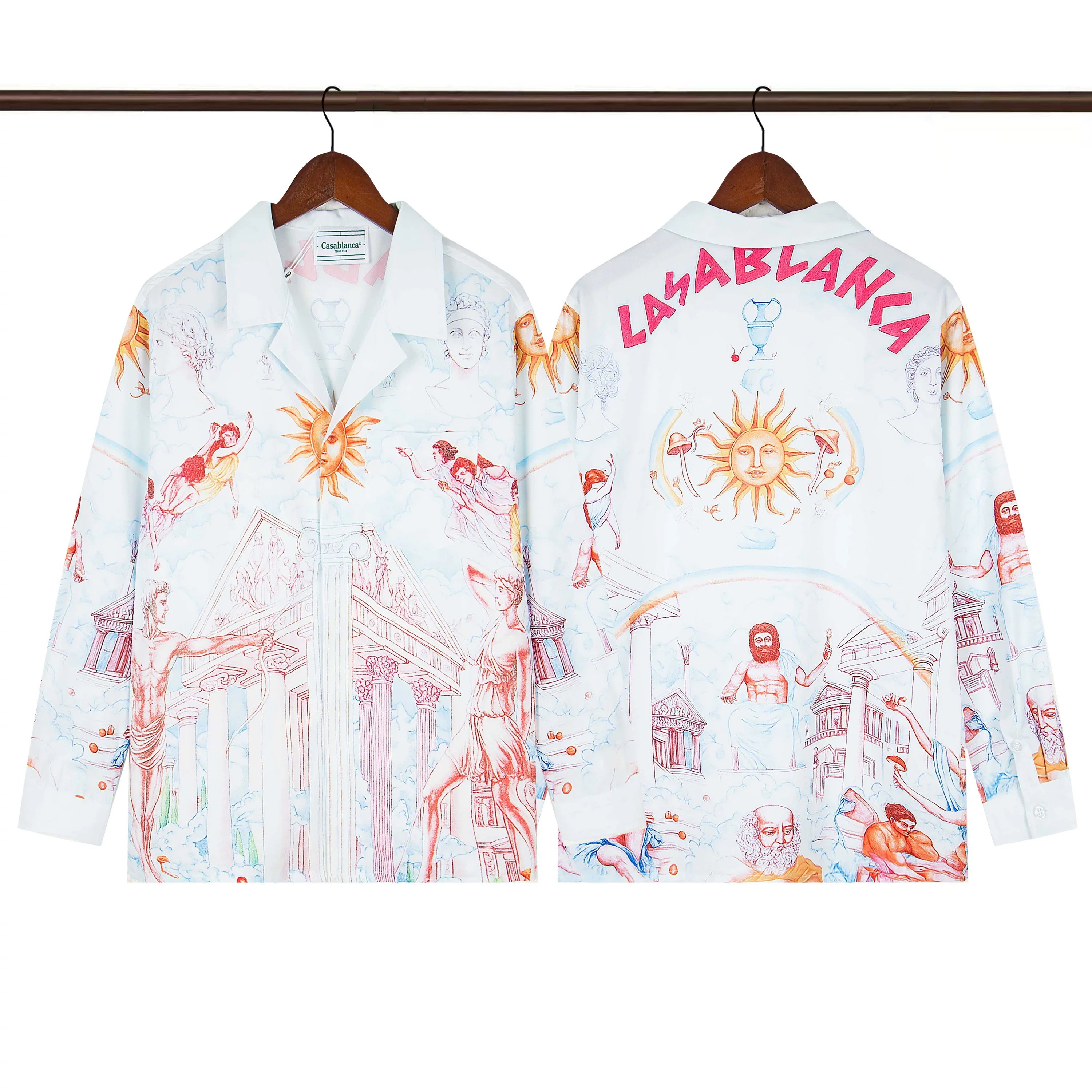 Casablanca Sun & Architectural Line-Art Silk-Style Shirt - White / Red