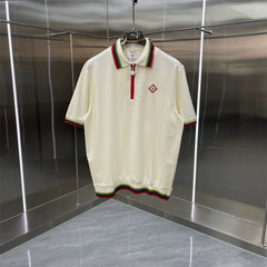 Casablanca Striped Trim Knit Polo Shirt - Off-White / Burgundy