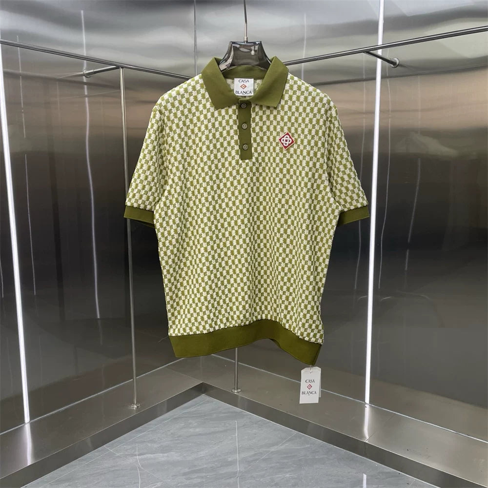 Casablanca Diamond Monogram Knit Polo Shirt - Olive Green