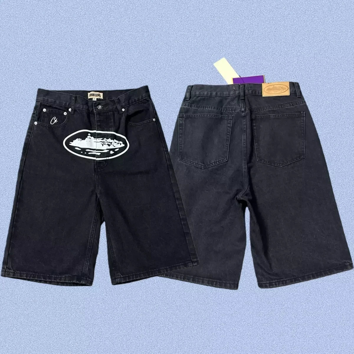 Corteiz Alcatraz Island Front Logo Heavyweight Denim Shorts - Black