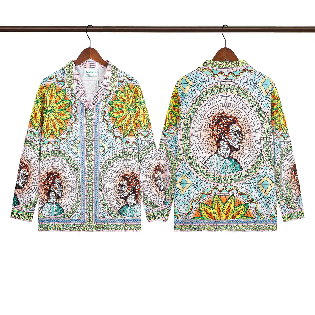 Casablanca Classical Portrait & Medallion Silk-Style Shirt - Blue / Green