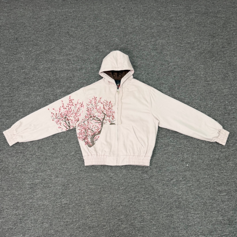 Derschutze Cherry Blossom Embroidery Zip-Up Hoodie
