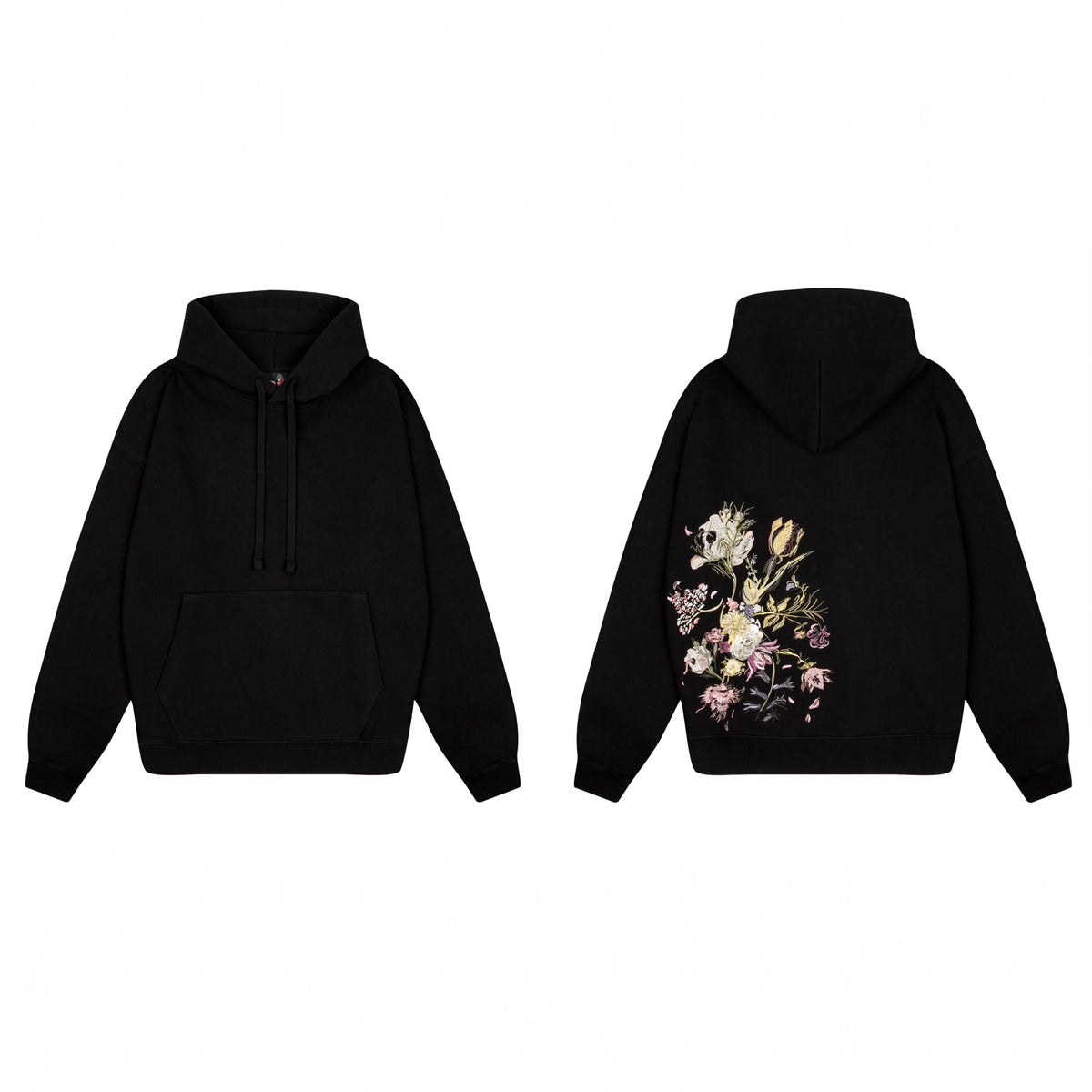 Derschutze Still Life Floral Bouquet Embroidery Hoodie - Black