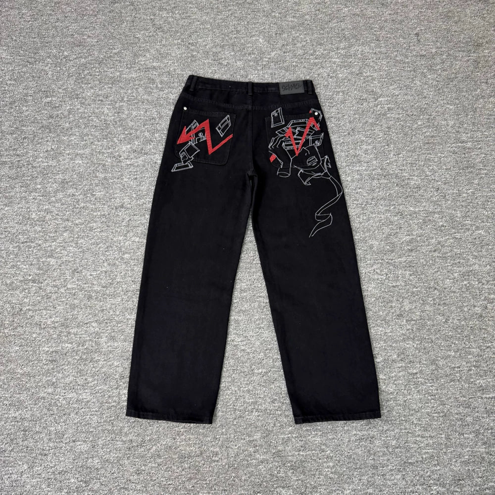 Derschutze Red Line Graphic Embroidery Jeans - Black