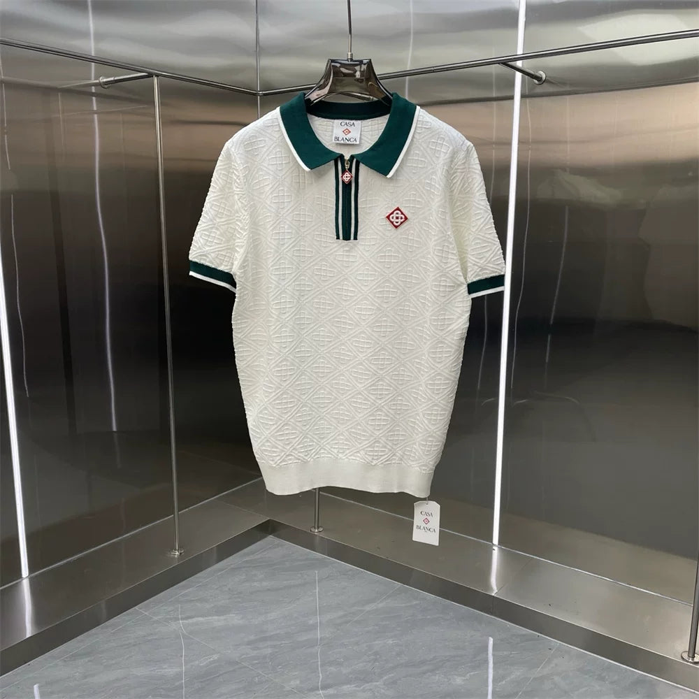 Casablanca Contrast Dark Green Collar Knit Polo Shirt - Off-White