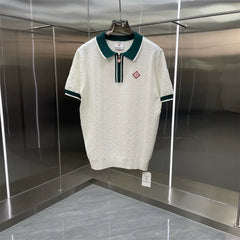 Casablanca Contrast Dark Green Collar Knit Polo Shirt - Off-White