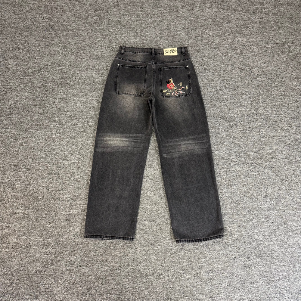 Derschutze Smokey Grey Pleated Knee Embroidery Jeans