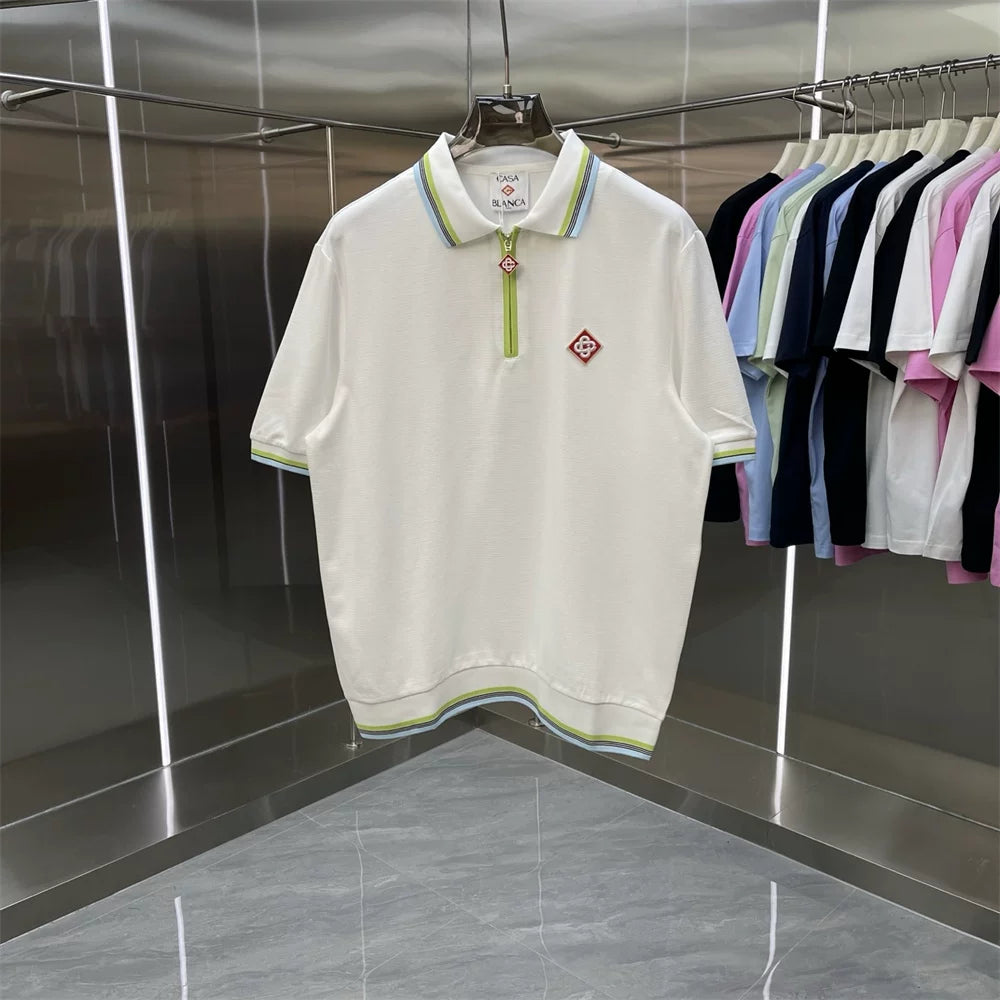 Casablanca Lime Accent Knit Polo Shirt - Off-White