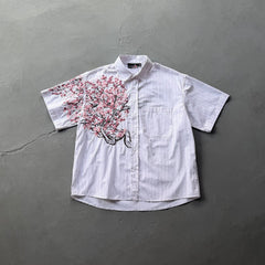 Derschutze Pinstripe Front Floral Embroidery Short-Sleeve Shirt - Light Purple/White