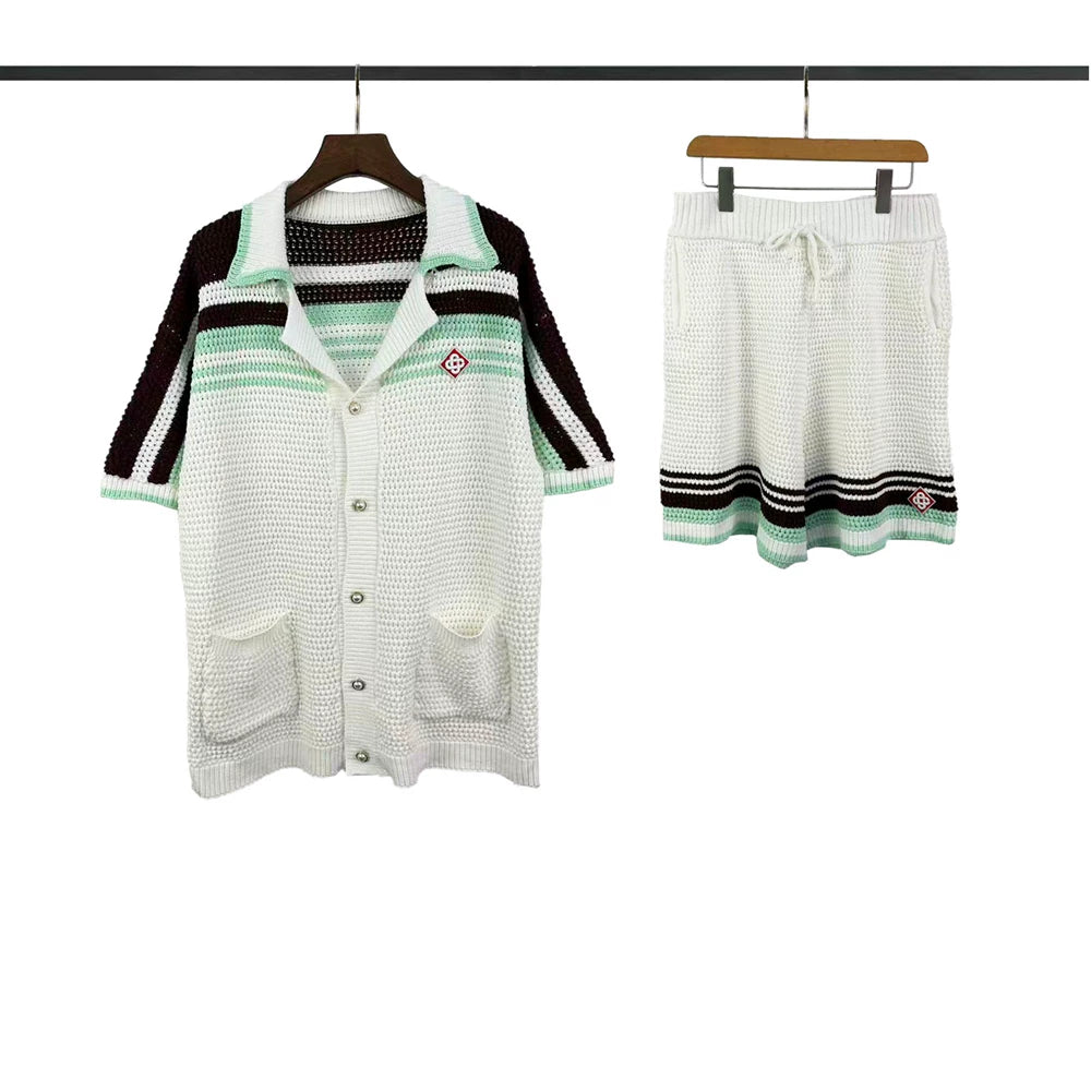 Casablanca Stripe & Shoulder Panel Knit Set - White / Black / Mint