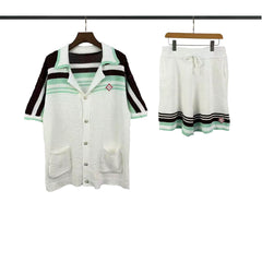 Casablanca Stripe & Shoulder Panel Knit Set - White / Black / Mint