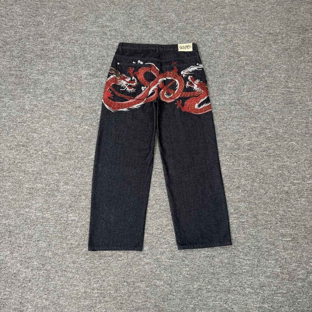 Derschutze Chinese Dragon Embroidery Straight Jeans - Black