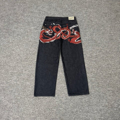 Derschutze Chinese Dragon Embroidery Straight Jeans - Black