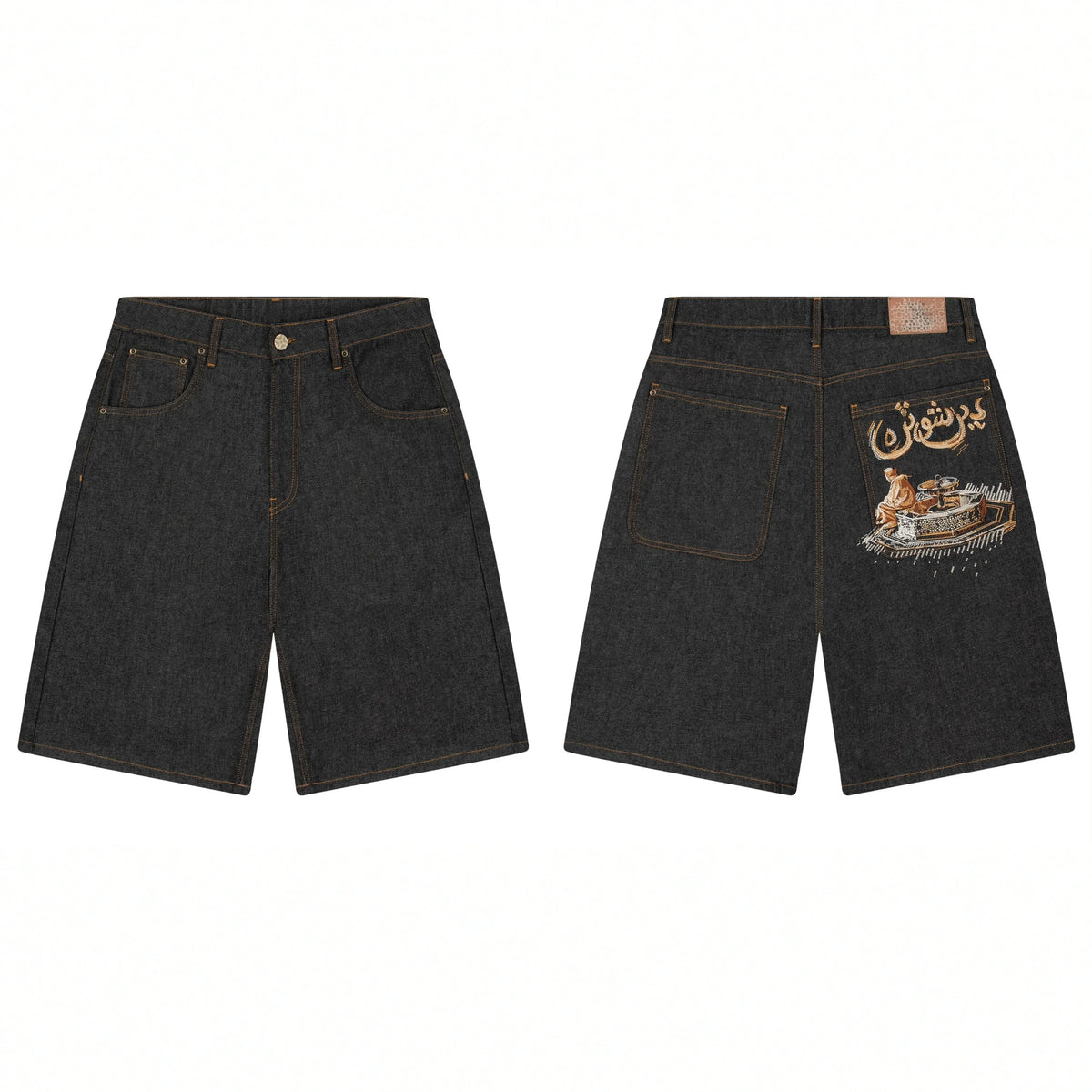 Derschutze Back Graphic Embroidery Denim Shorts - Black