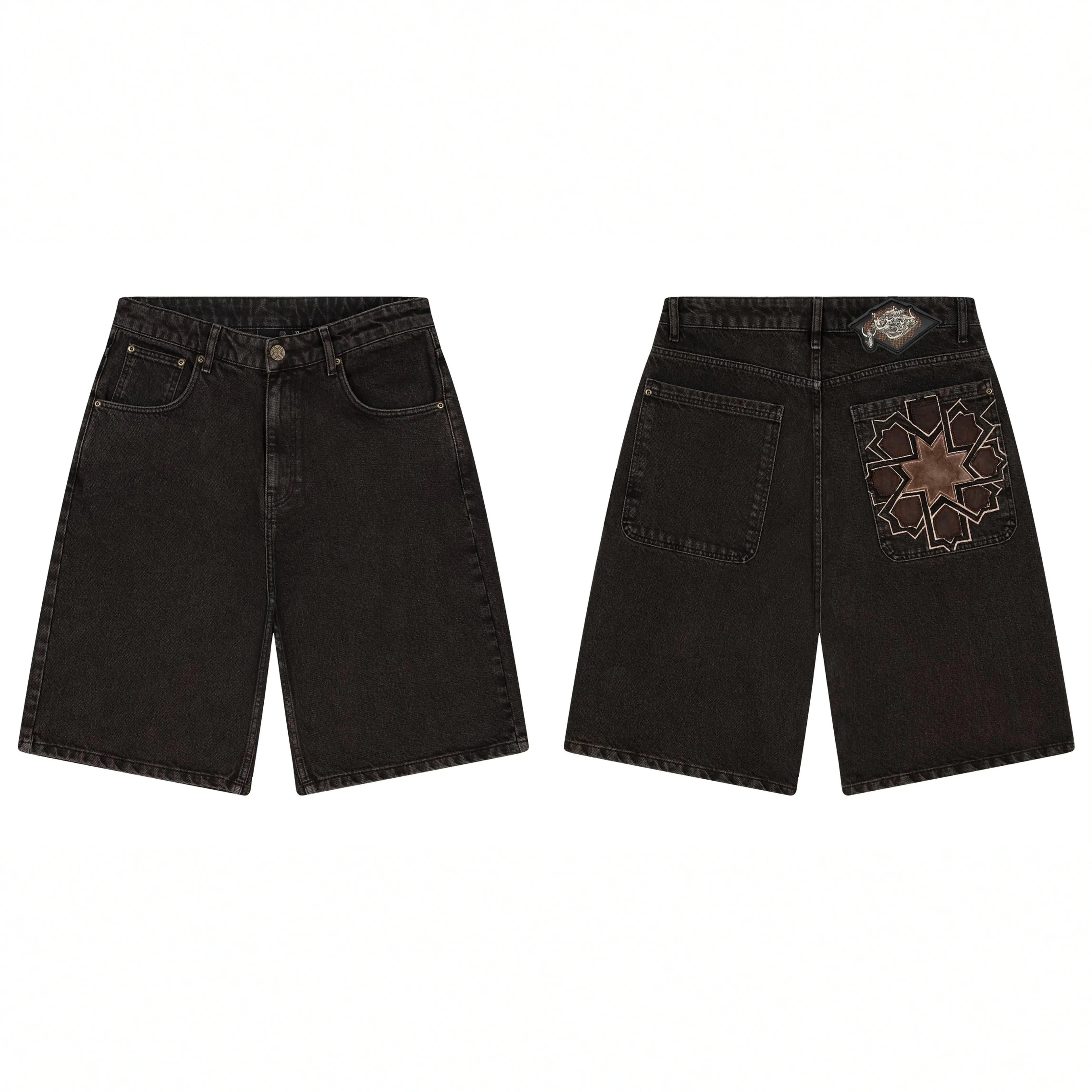 Derschutze Geometric Star Embroidery Denim Shorts - Black