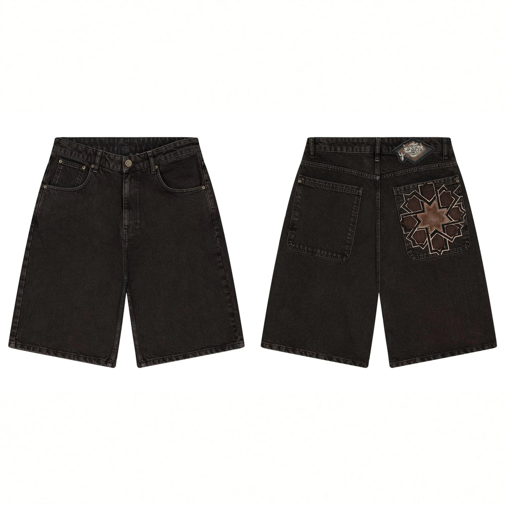 Derschutze Geometric Star Embroidery Denim Shorts - Black
