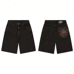 Derschutze Geometric Star Embroidery Denim Shorts - Black