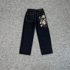 Derschutze Vintage Floral Bouquet Embroidery Jeans - Black