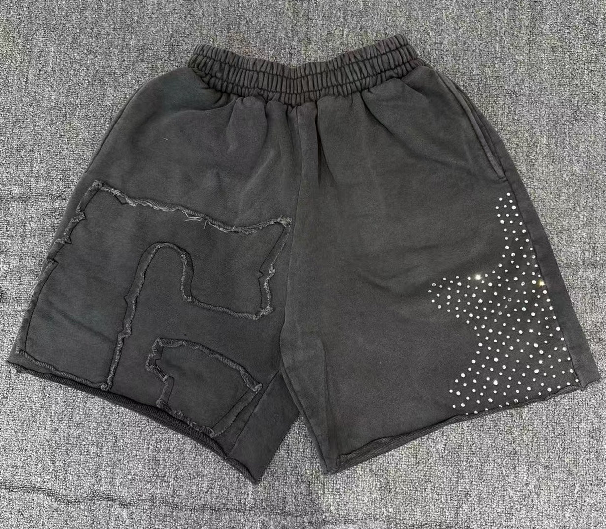 Billionaire Studios Vintage Wash Rhinestone Star Shorts - Washed Black