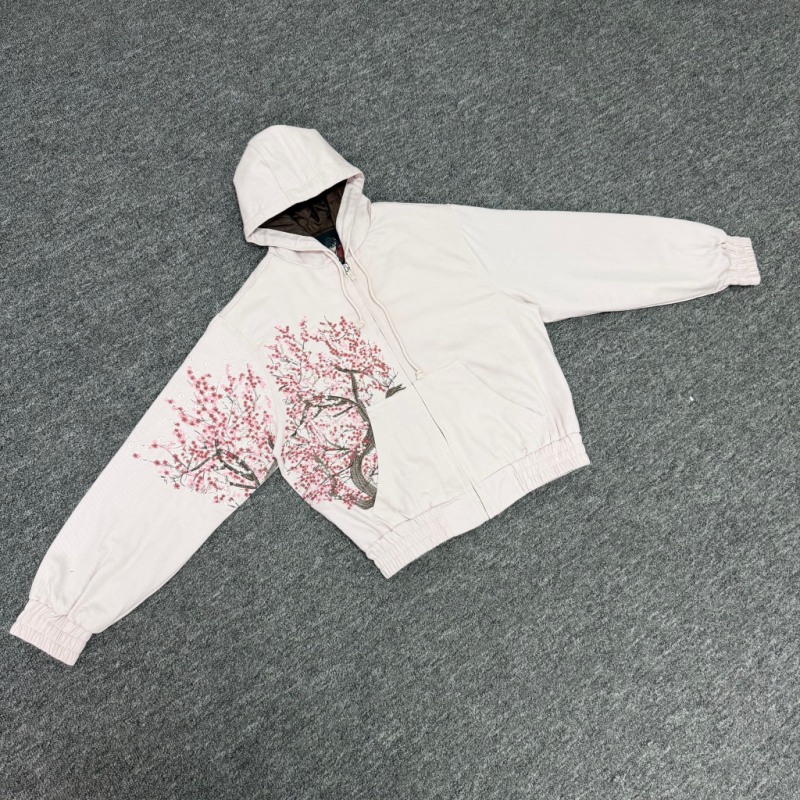 Derschutze Cherry Blossom Embroidery Zip-Up Hoodie