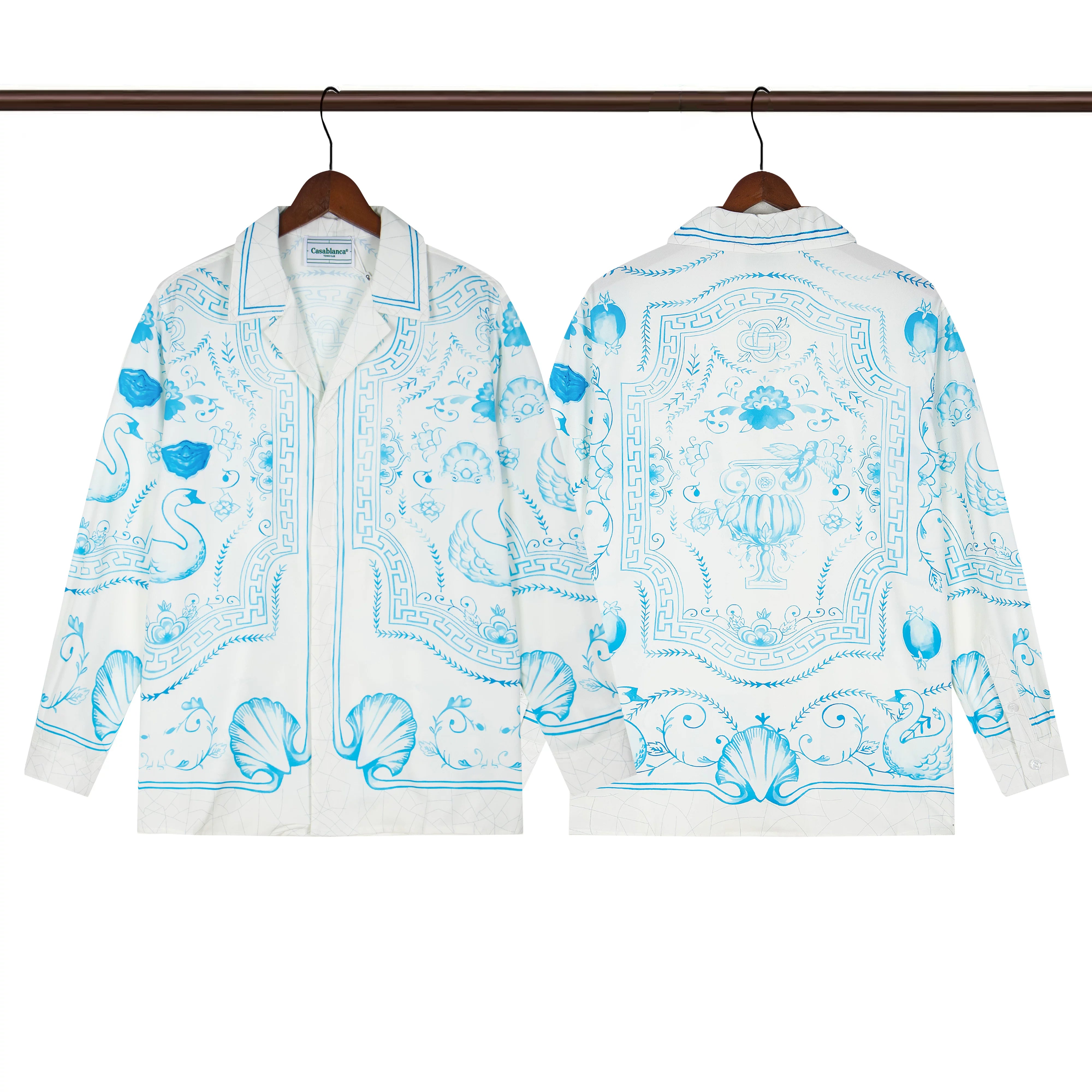 Casablanca Monogram Tile Silk-Style Shirt - Light Blue / White