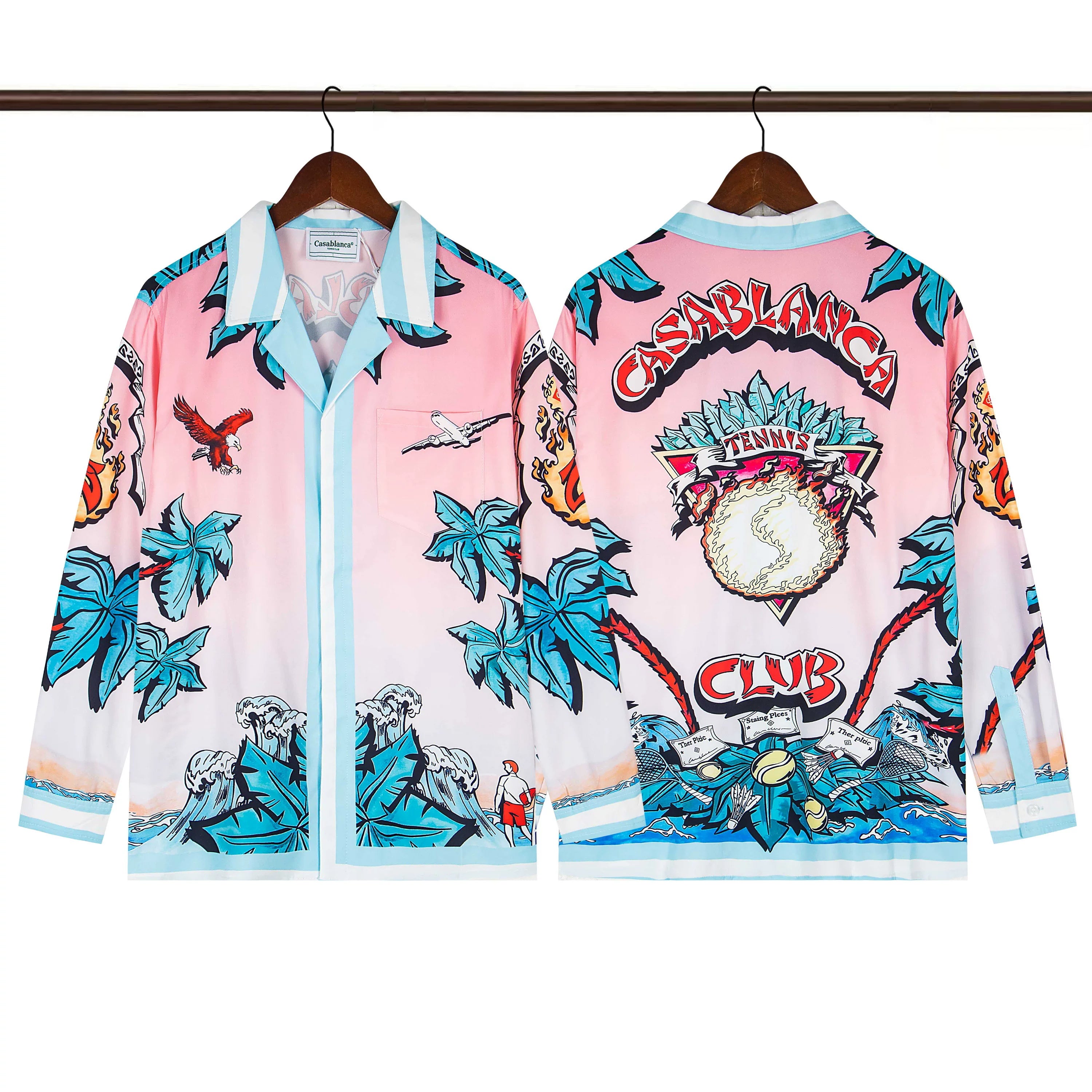 Casablanca Club Feather & Palm Silk-Style Shirt - Pink / Blue