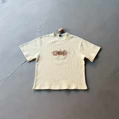 Derschutze Waffle Knit Chest Embroidery T-Shirt - Cream