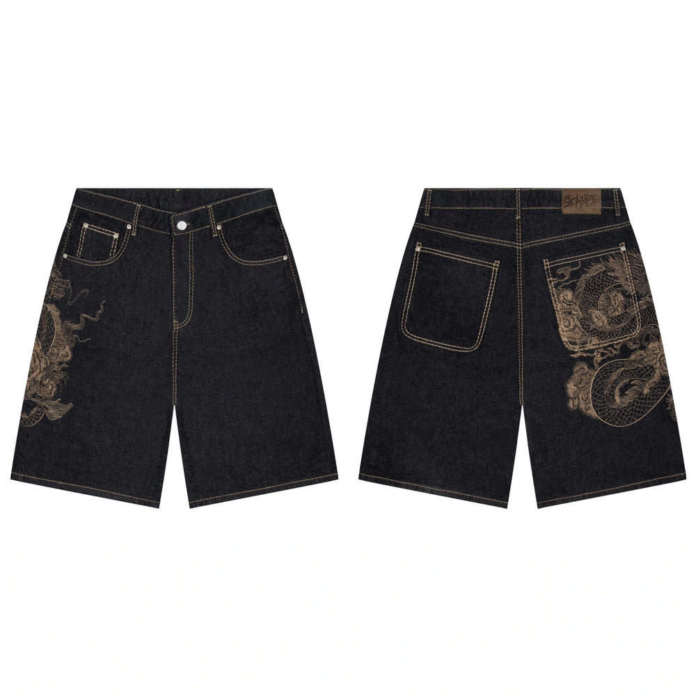 Derschutze Dragon Graphic Embroidery Denim Shorts - Black