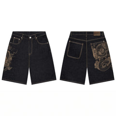 Derschutze Dragon Graphic Embroidery Denim Shorts - Black