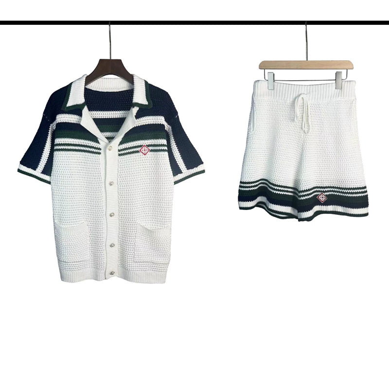 Casablanca Navy Shoulder Stripe Knit Set - White / Navy Blue