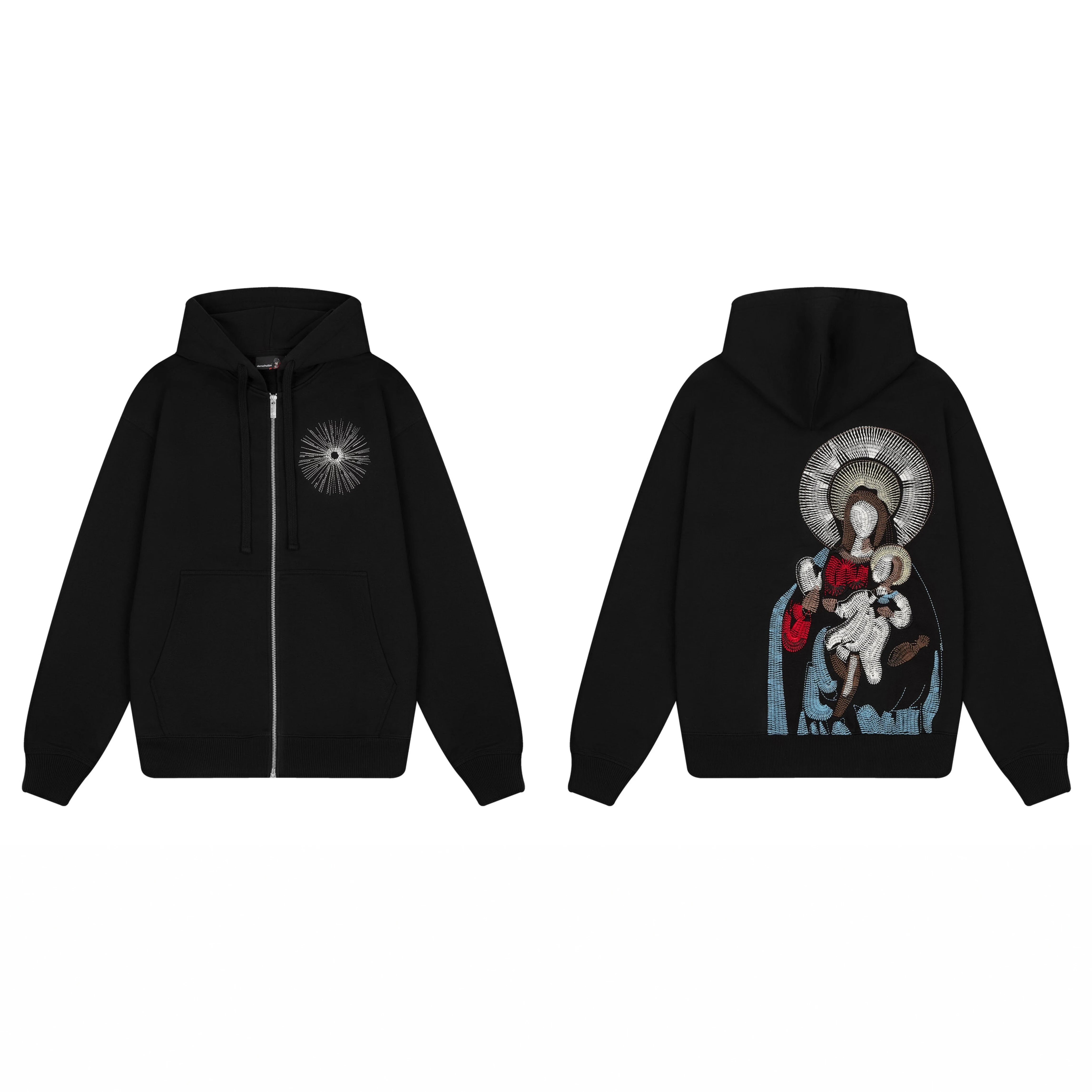Derschutze Madonna & Child Religious Art Zip-Up Hoodie - Black