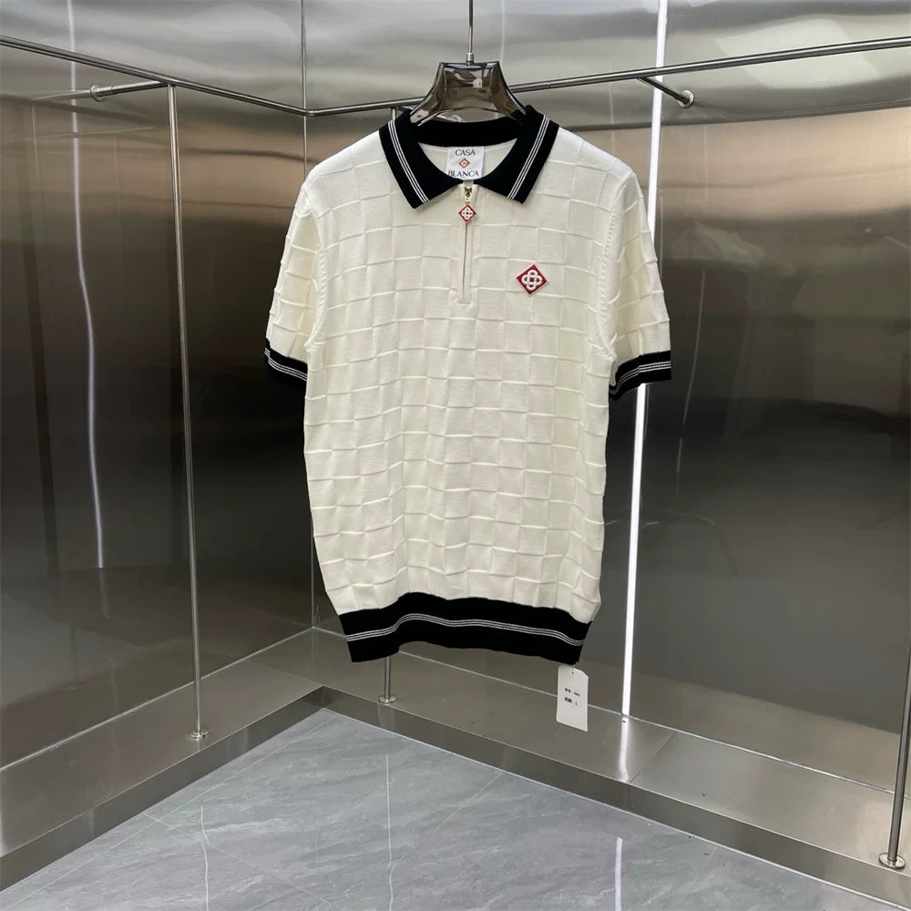 Casablanca Textured Wave Knit Polo Shirt - Off-White / Black