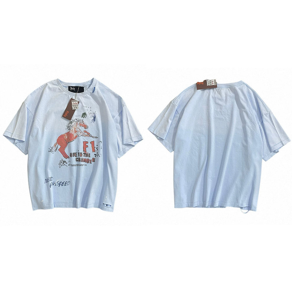 PALY Hollywood Vintage Equestrian Graphic T-Shirt - Light Blue