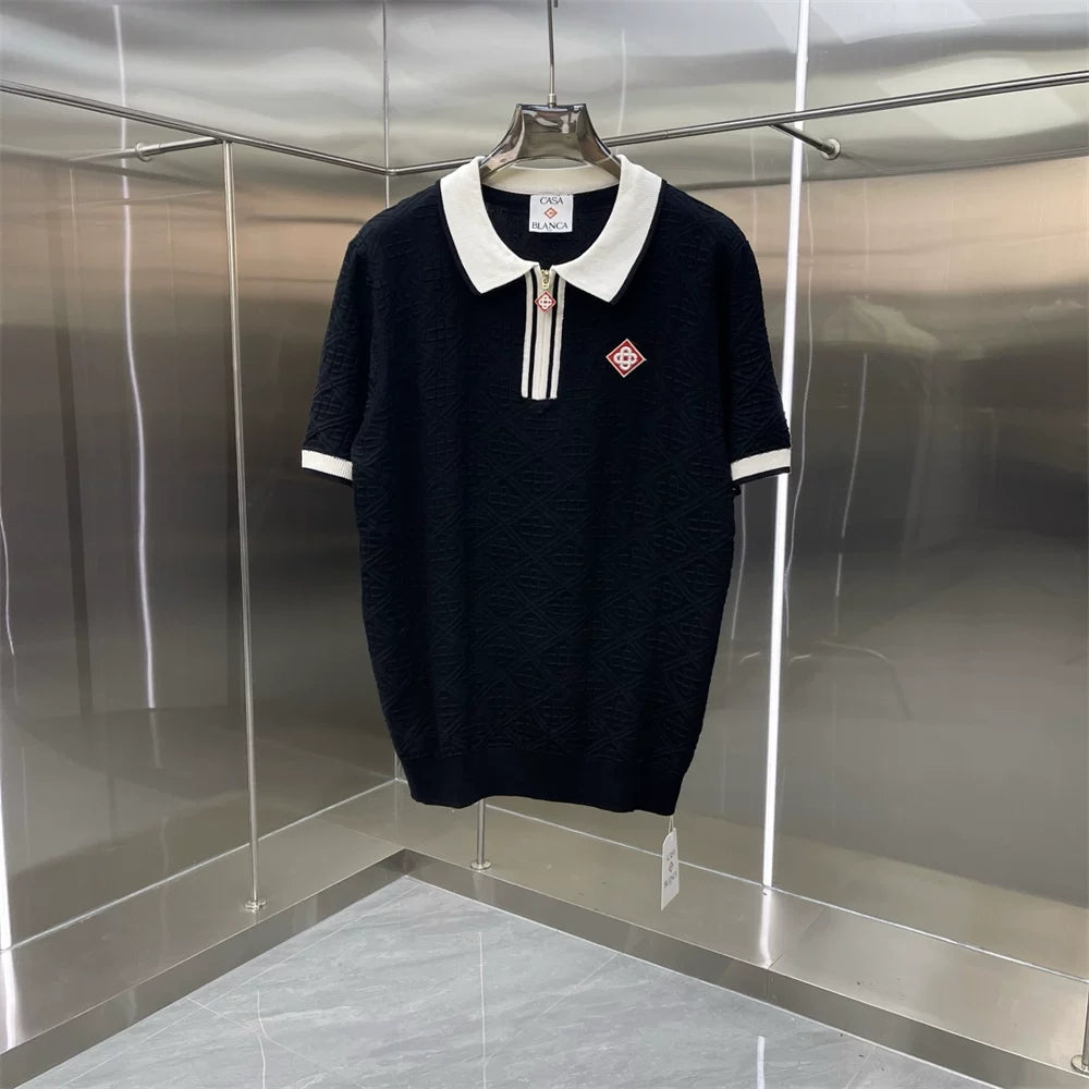 Casablanca Striped Placket Knit Polo Shirt - Black / White