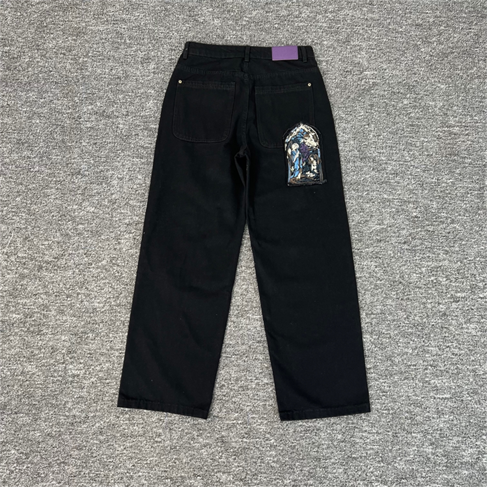 Derschutze Gothic Window Embroidery Straight Jeans - Black