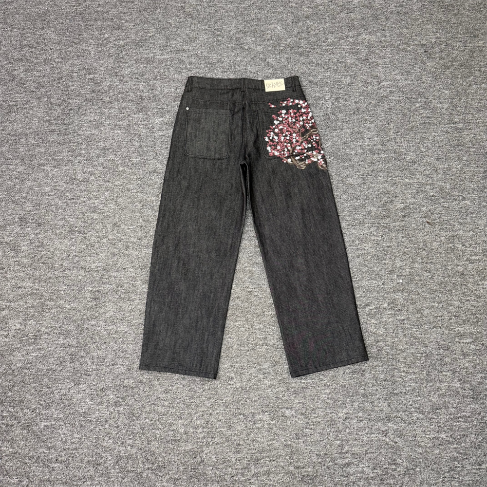 Derschutze Cherry Blossom Embroidery Straight Jeans - Charcoal Grey