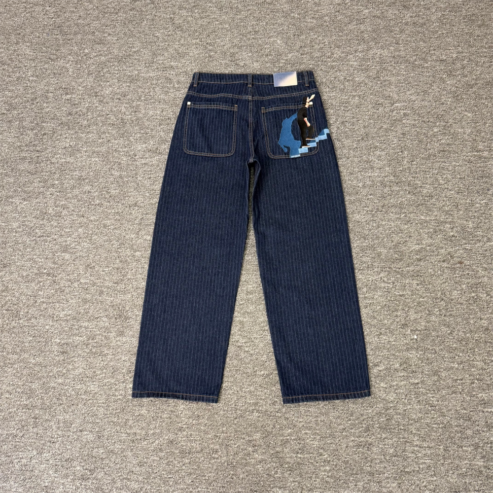 Derschutze Pinstripe Artistic Embroidery Straight Jeans - Navy