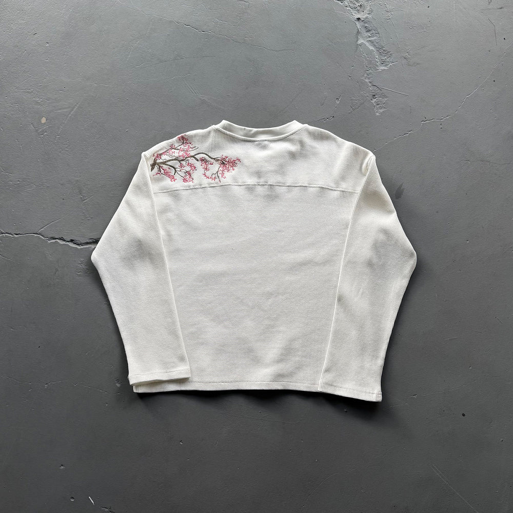 Derschutze Waffle Knit Shoulder Floral Embroidery Long-Sleeve Tee - Cream