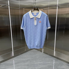 Casablanca Textured Knit Polo Shirt - Light Blue / White