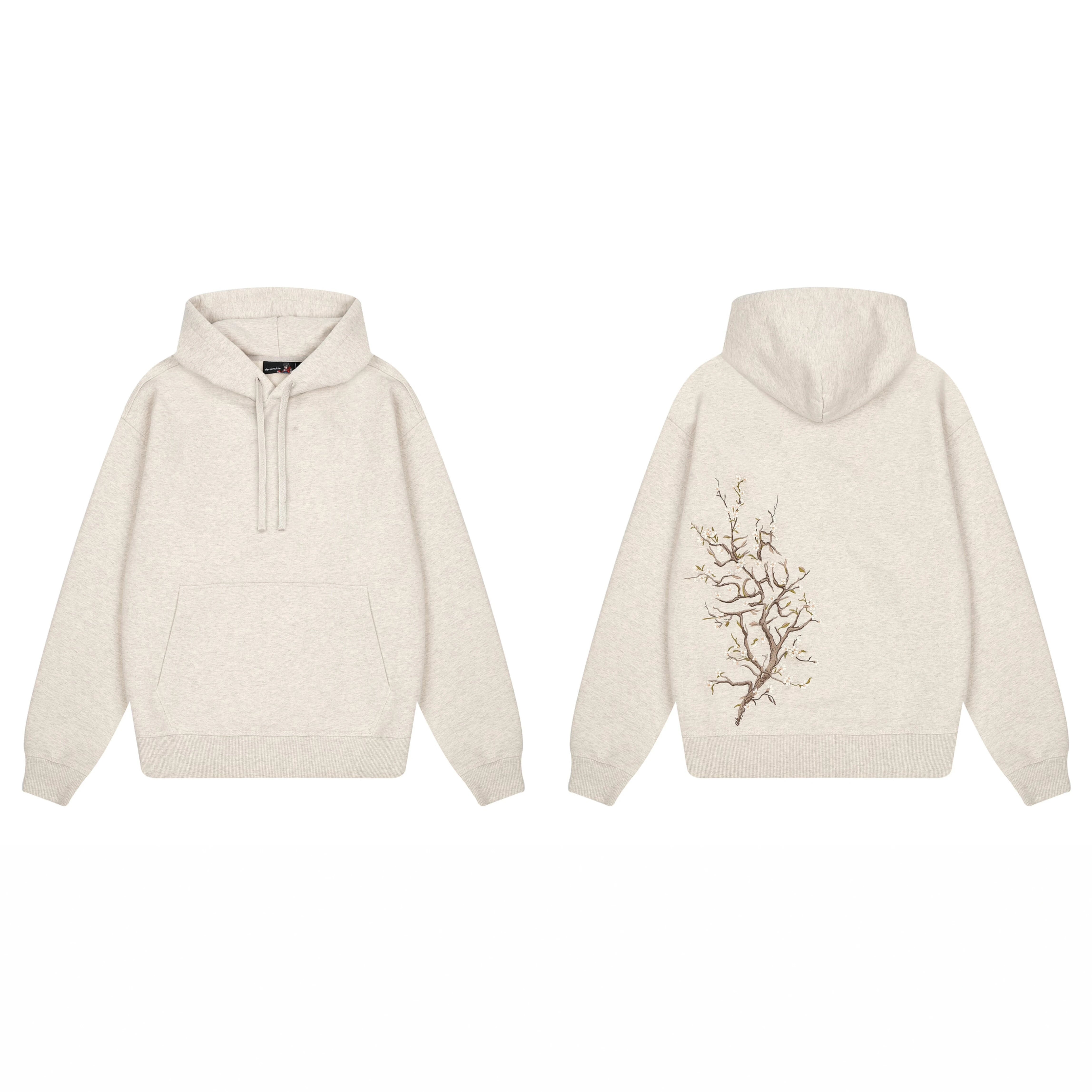 Derschutze Back Cherry Blossom Embroidery Hoodie - Oatmeal Marl