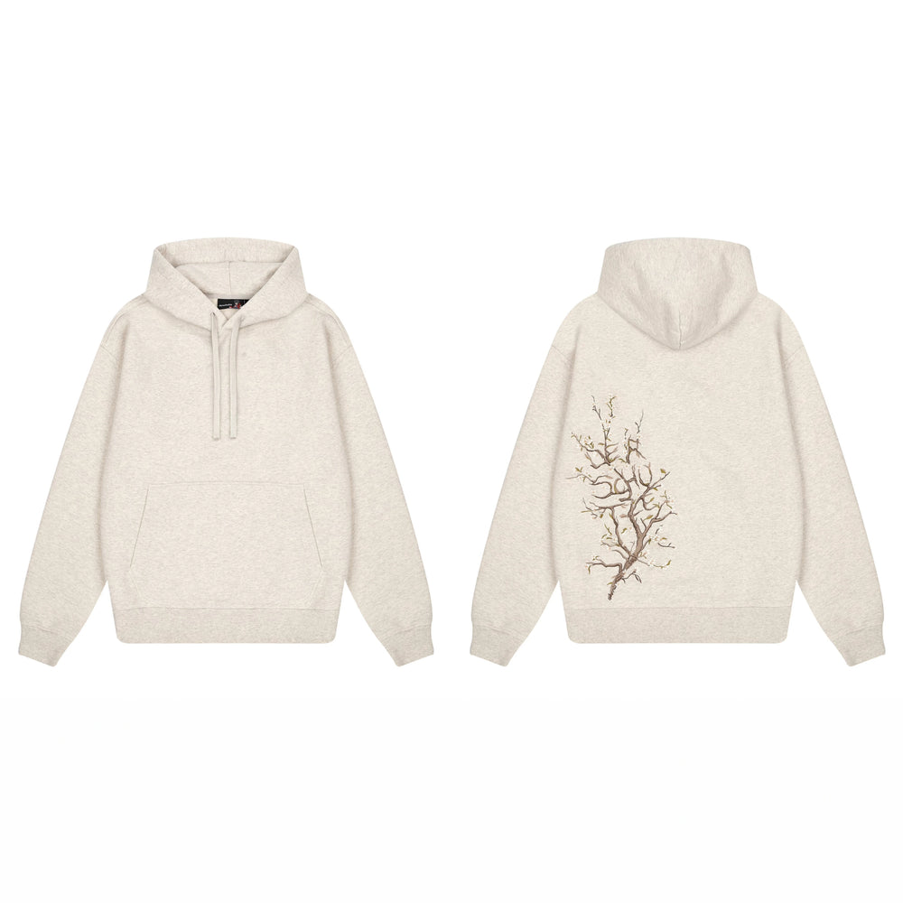 Derschutze Back Cherry Blossom Embroidery Hoodie - Oatmeal Marl