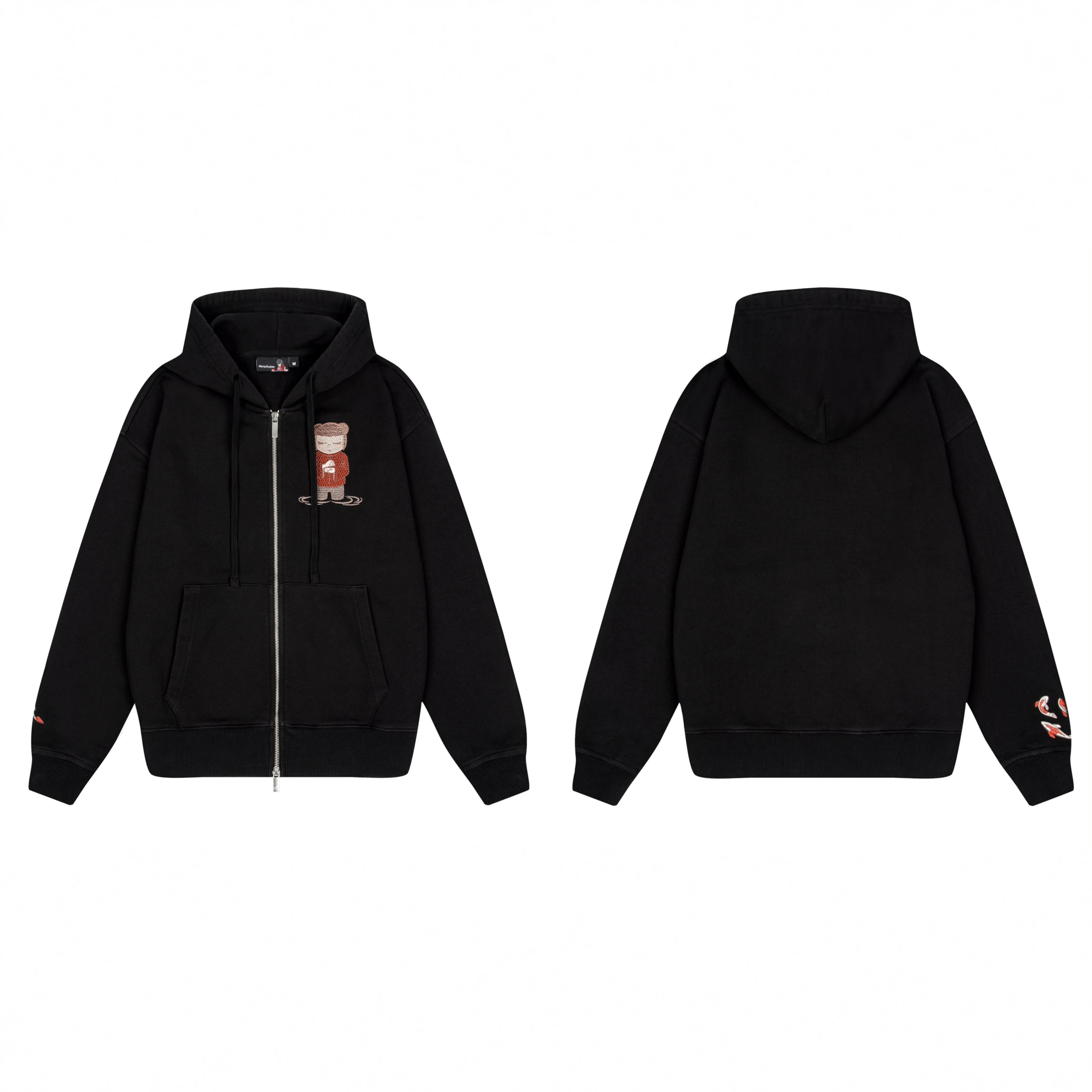 Derschutze Anime Character Embroidery Zip-Up Hoodie - Black