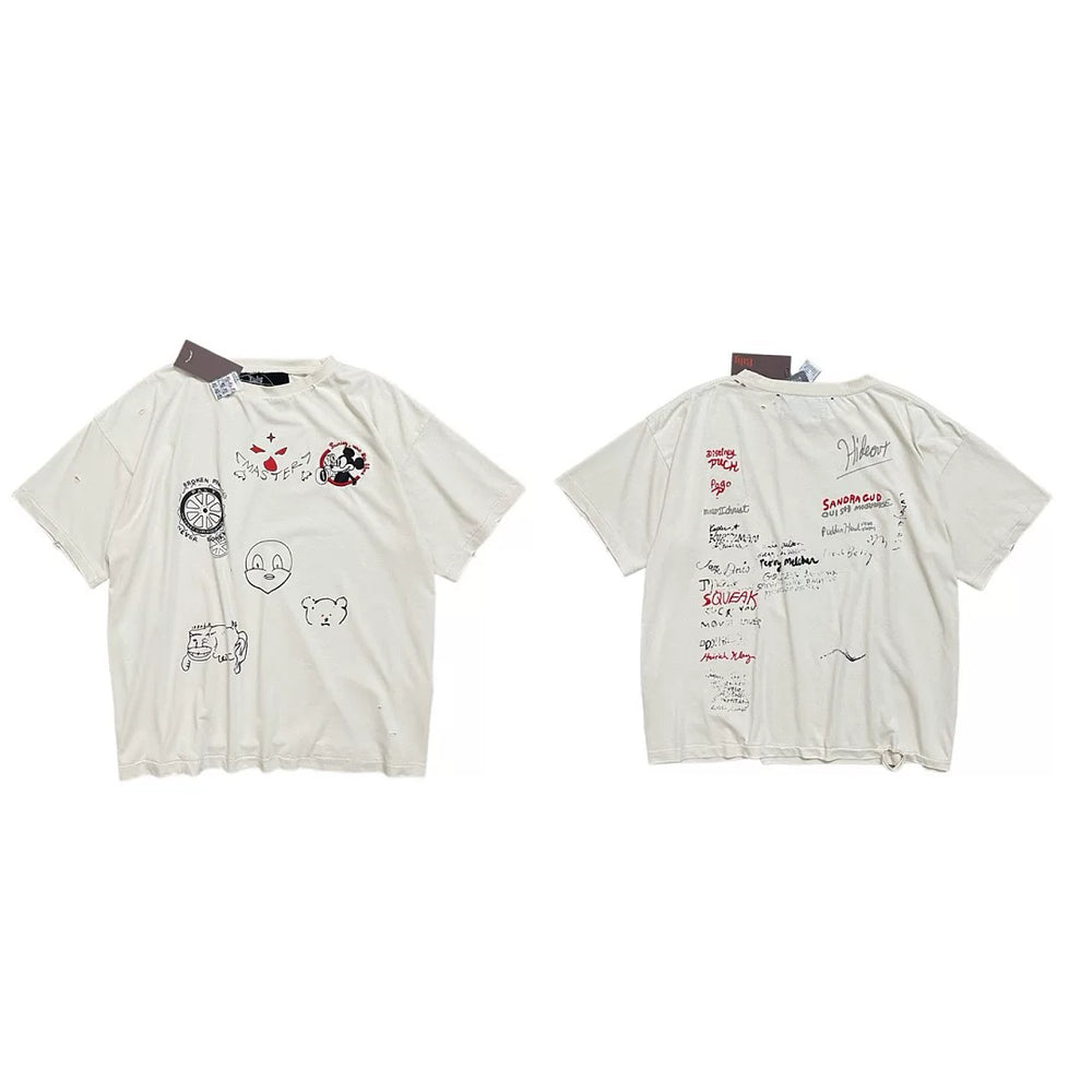 PALY Hollywood Hand-Drawn Doodle & Signature Graphic T-Shirt - Cream