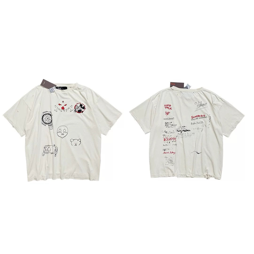 PALY Hollywood Hand-Drawn Doodle & Signature Graphic T-Shirt - Cream
