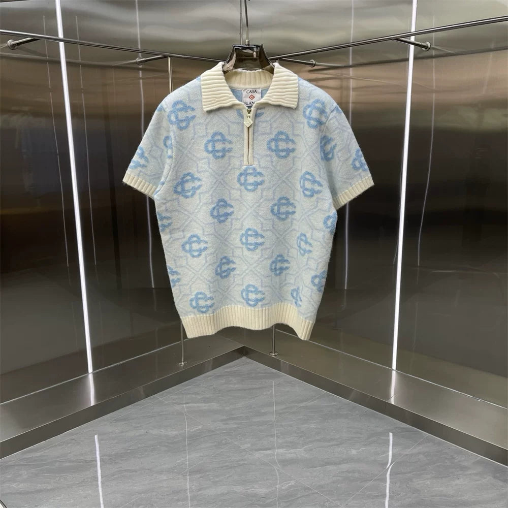 Casablanca Monogram Tile Knit Polo Shirt - Light Blue / Cream