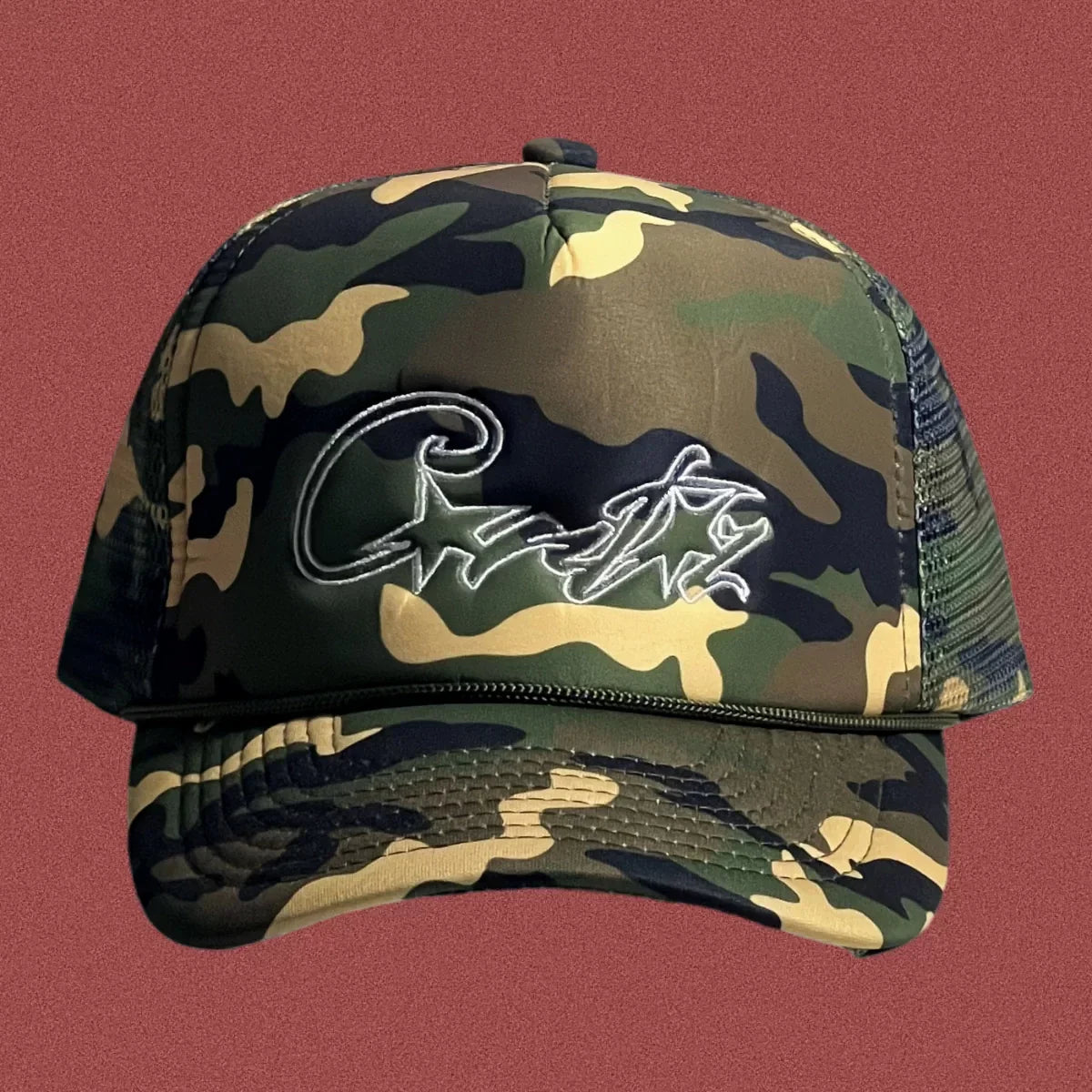 Corteiz Vintage Camo Trucker Hat with Signature Script Logo